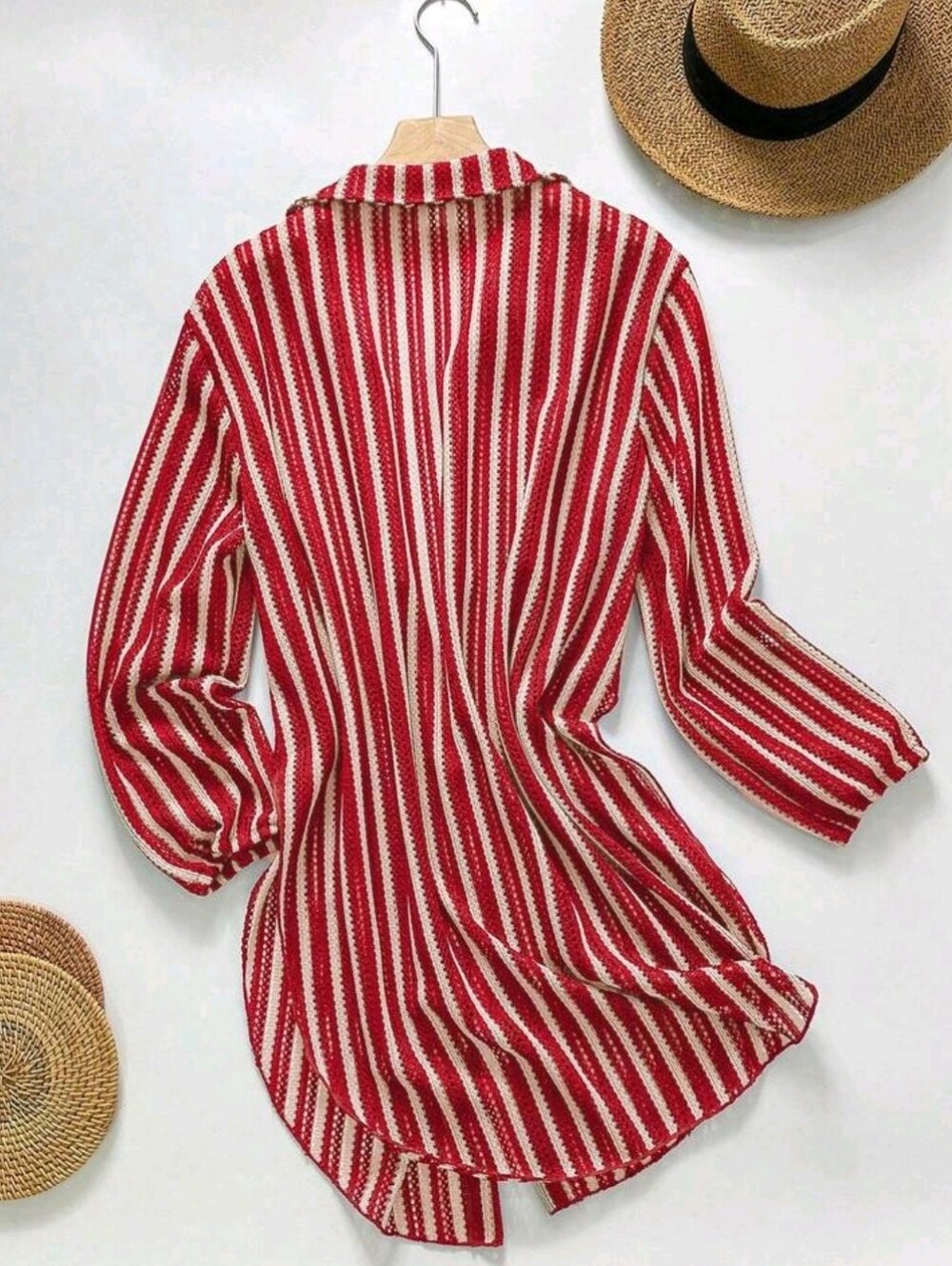 Red and White Striped Lightweight Buttonless Cardigan Shirt Oversized Sz L-xl - Picture 2 of 4